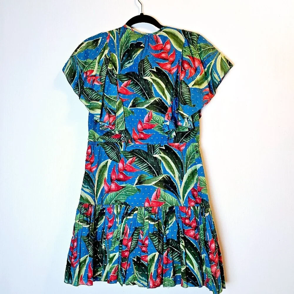 Farm Rio Dream Garden Floral Mini Lined Dress Swiss Dot Beaded Tassles, Sz XS - Picture 9 of 12